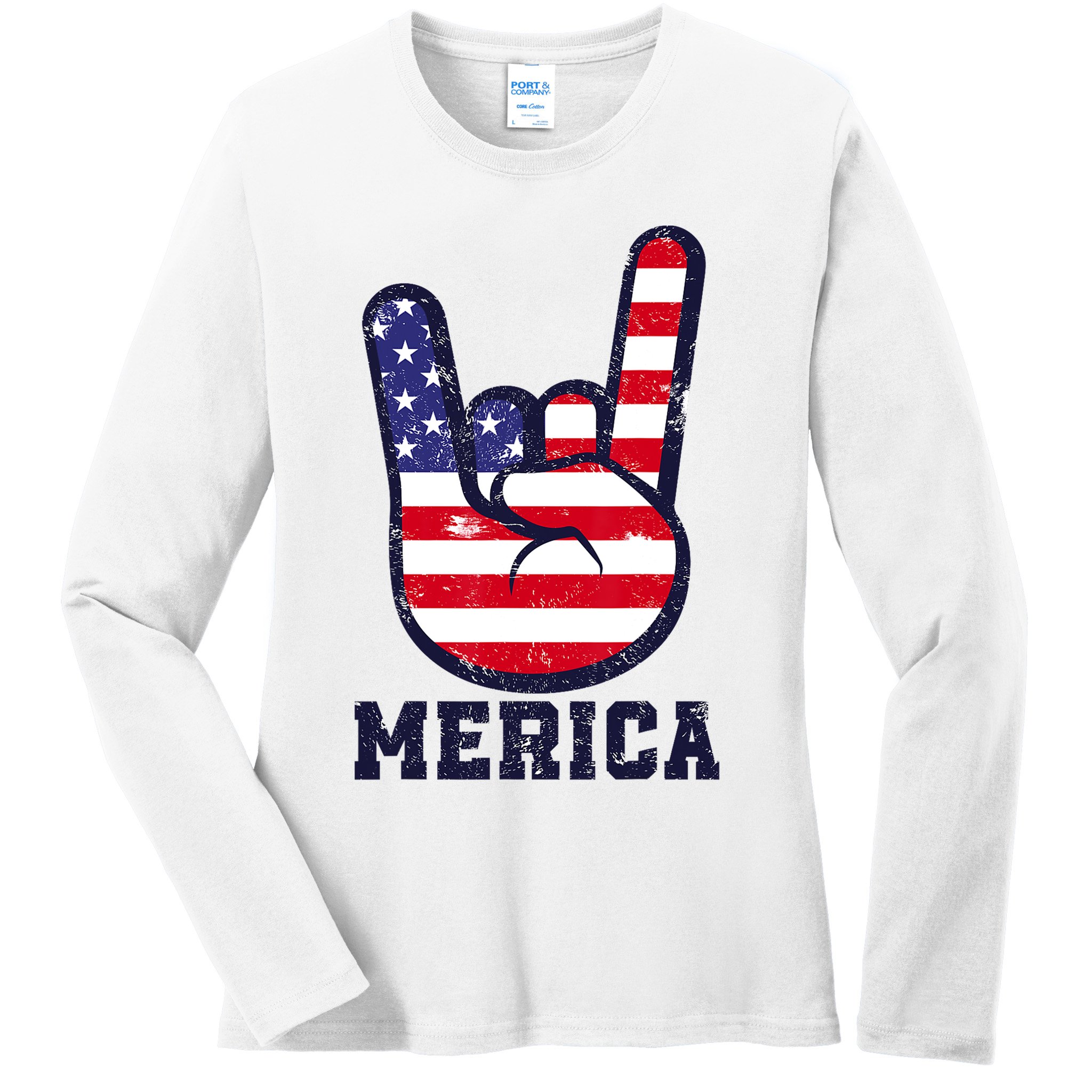 Merica Rock Sign 4th Of July American USA Flag Patriotic Ladies Long Sleeve Shirt