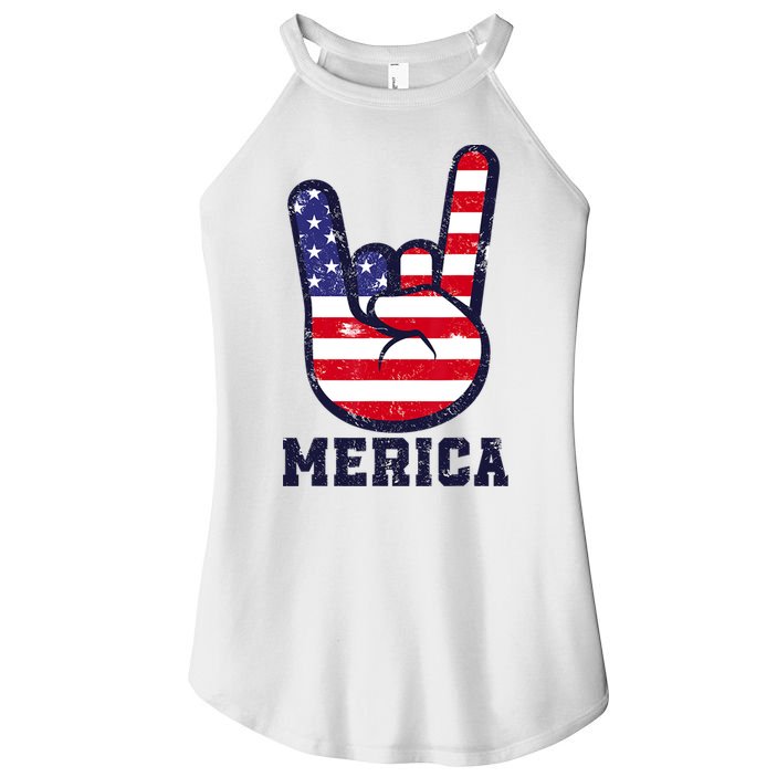 Merica Rock Sign 4th Of July American USA Flag Patriotic Women's Perfect Tri Rocker Tank