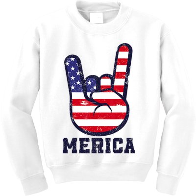 Merica Rock Sign 4th Of July American USA Flag Patriotic Kids Sweatshirt