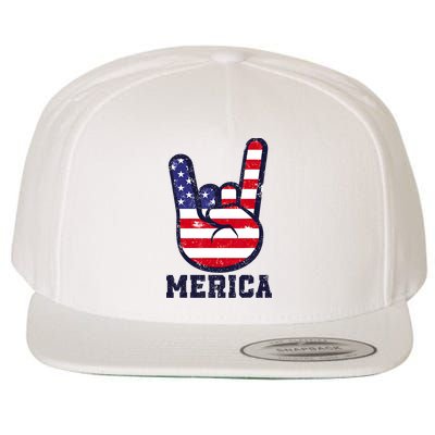 Merica Rock Sign 4th Of July American USA Flag Patriotic Wool Snapback Cap