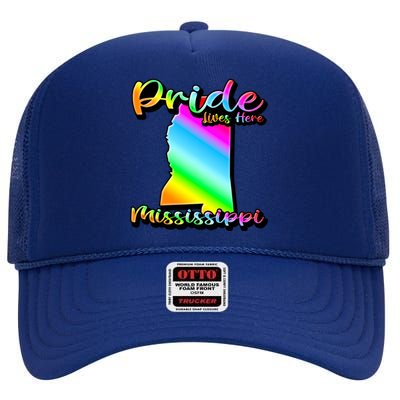 Mississippi Rainbow State Shape Pride Lives Here Design Gift High Crown Mesh Back Trucker Hat