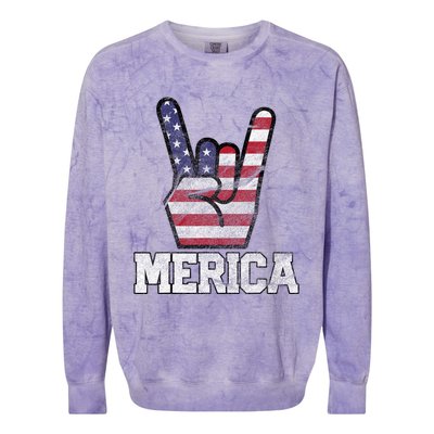 Merica Rock Sign 4th Of July Vintage American Flag Retro Usa Colorblast Crewneck Sweatshirt