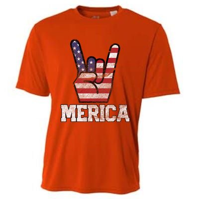 Merica Rock Sign 4th Of July Vintage American Flag Retro Usa Cooling Performance Crew T-Shirt