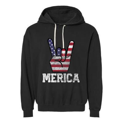 Merica Rock Sign 4th Of July Vintage American Flag Retro Usa Garment-Dyed Fleece Hoodie