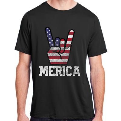 Merica Rock Sign 4th Of July Vintage American Flag Retro Usa Adult ChromaSoft Performance T-Shirt