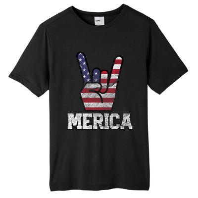 Merica Rock Sign 4th Of July Vintage American Flag Retro Usa Tall Fusion ChromaSoft Performance T-Shirt