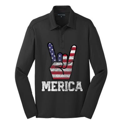 Merica Rock Sign 4th Of July Vintage American Flag Retro Usa Silk Touch Performance Long Sleeve Polo