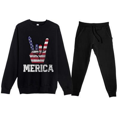 Merica Rock Sign 4th Of July Vintage American Flag Retro Usa Premium Crewneck Sweatsuit Set