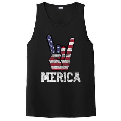 Merica Rock Sign 4th Of July Vintage American Flag Retro Usa PosiCharge Competitor Tank