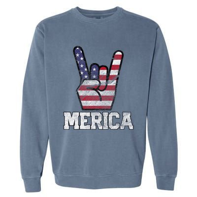 Merica Rock Sign 4th Of July Vintage American Flag Retro Usa Garment-Dyed Sweatshirt