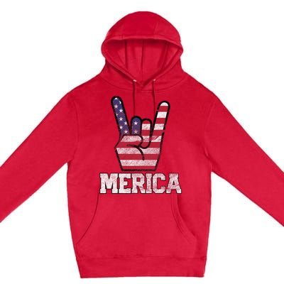 Merica Rock Sign 4th Of July Vintage American Flag Retro Usa Premium Pullover Hoodie