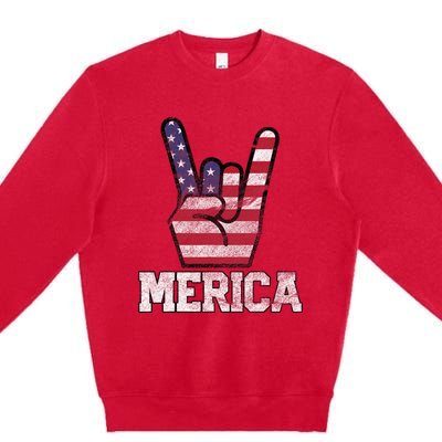 Merica Rock Sign 4th Of July Vintage American Flag Retro Usa Premium Crewneck Sweatshirt