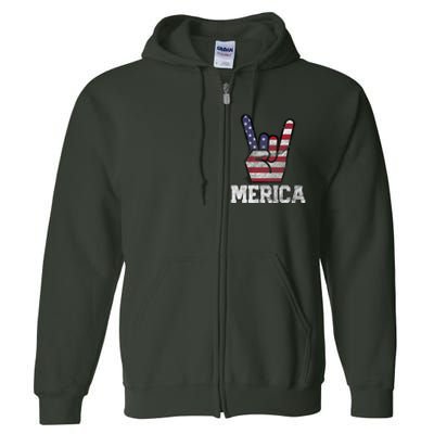 Merica Rock Sign 4th Of July Vintage American Flag Retro Usa Full Zip Hoodie