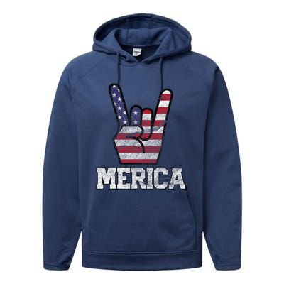 Merica Rock Sign 4th Of July Vintage American Flag Retro Usa Performance Fleece Hoodie