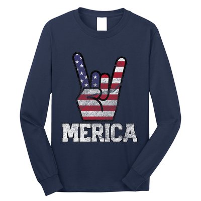 Merica Rock Sign 4th Of July Vintage American Flag Retro Usa Long Sleeve Shirt