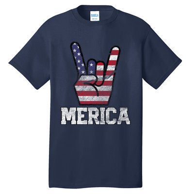 Merica Rock Sign 4th Of July Vintage American Flag Retro Usa Tall T-Shirt