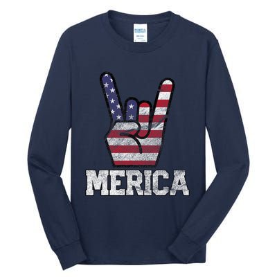 Merica Rock Sign 4th Of July Vintage American Flag Retro Usa Tall Long Sleeve T-Shirt