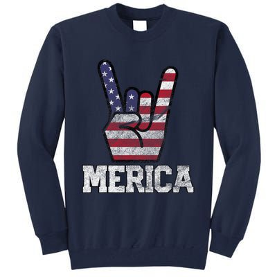 Merica Rock Sign 4th Of July Vintage American Flag Retro Usa Tall Sweatshirt