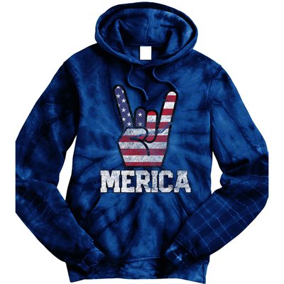 Merica Rock Sign 4th Of July Vintage American Flag Retro Usa Tie Dye Hoodie