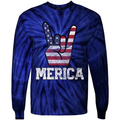 Merica Rock Sign 4th Of July Vintage American Flag Retro Usa Tie-Dye Long Sleeve Shirt