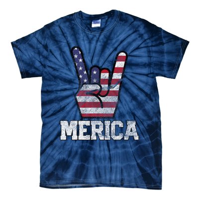 Merica Rock Sign 4th Of July Vintage American Flag Retro Usa Tie-Dye T-Shirt