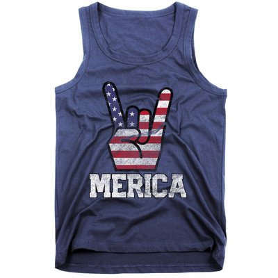 Merica Rock Sign 4th Of July Vintage American Flag Retro Usa Tank Top