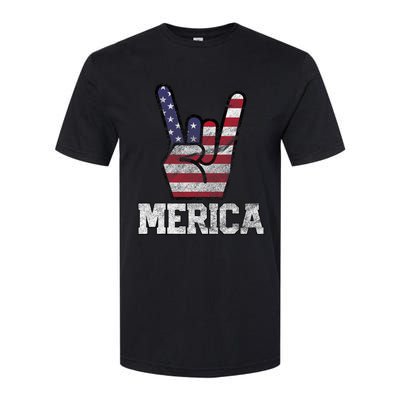 Merica Rock Sign 4th Of July Vintage American Flag Retro Usa Softstyle CVC T-Shirt