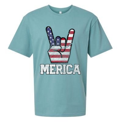 Merica Rock Sign 4th Of July Vintage American Flag Retro Usa Sueded Cloud Jersey T-Shirt