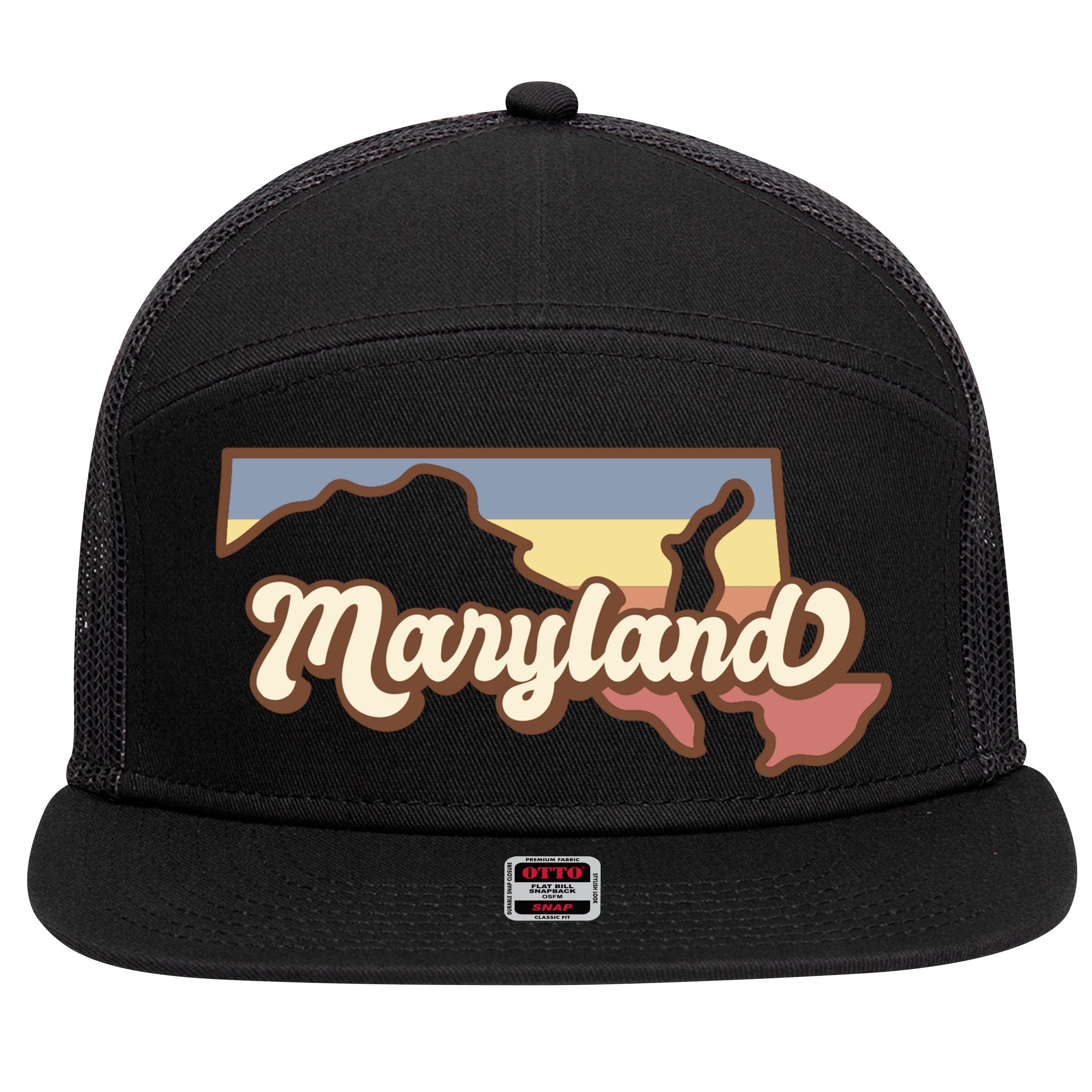 Maryland Retro Sunset Logo 7 Panel Mesh Trucker Snapback Hat