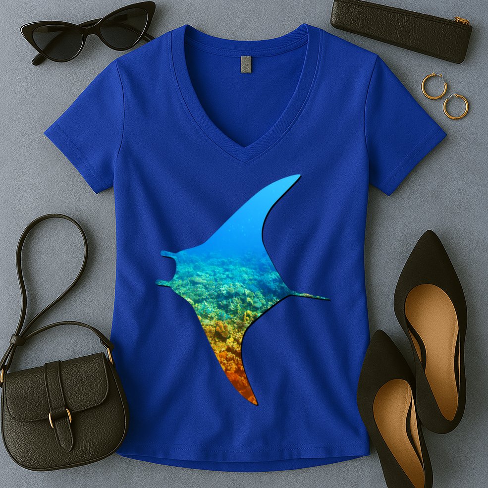 Manta Ray Silhouette Earth Day And Ocean Week Gift Women's V-Neck T-Shirt