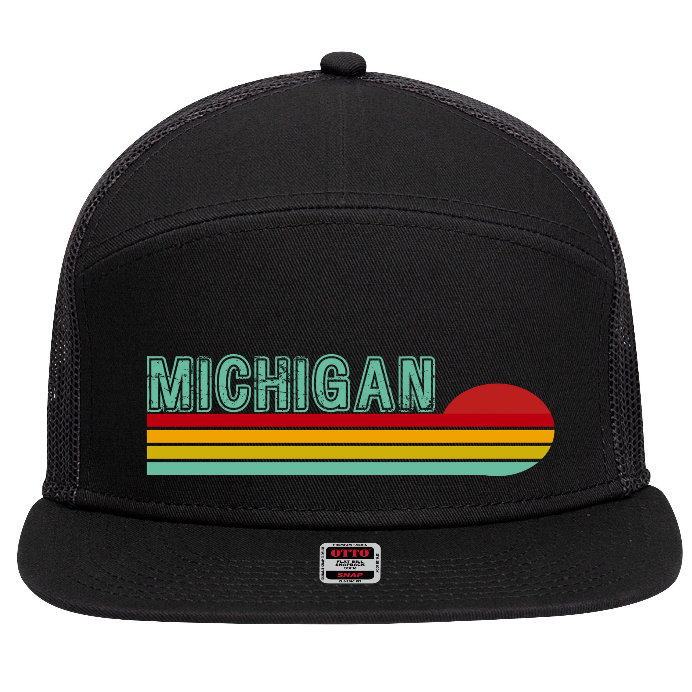 Michigan Retro Sunset Logo 7 Panel Mesh Trucker Snapback Hat