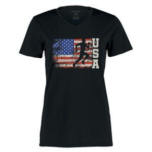 Marathon Runner Team America Usa Flag Running Shoes Women's Momentum V-Neck T-Shirt