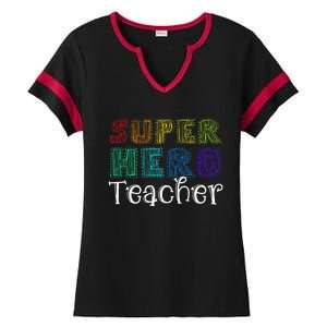 Multicolor Retro Teacher Superhero Ladies Halftime Notch Neck Tee