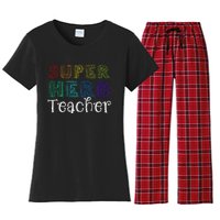 Multicolor Retro Teacher Superhero Women's Flannel Pajama Set