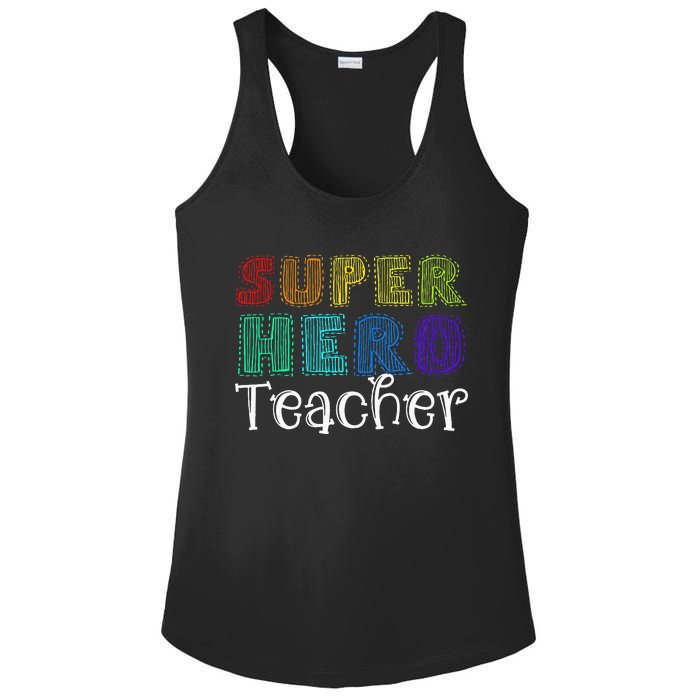 Multicolor Retro Teacher Superhero Ladies PosiCharge Competitor Racerback Tank