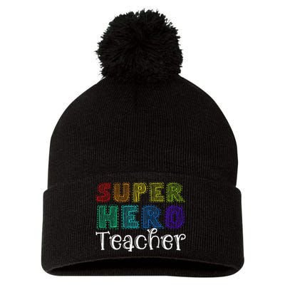 Multicolor Retro Teacher Superhero Pom Pom 12in Knit Beanie