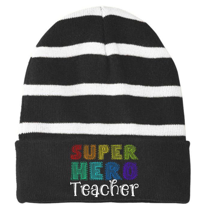 Multicolor Retro Teacher Superhero Striped Beanie with Solid Band