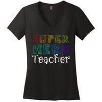 Multicolor Retro Teacher Superhero Women's V-Neck T-Shirt