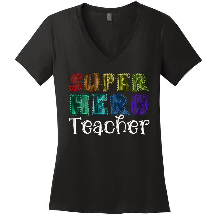 Multicolor Retro Teacher Superhero Women's V-Neck T-Shirt