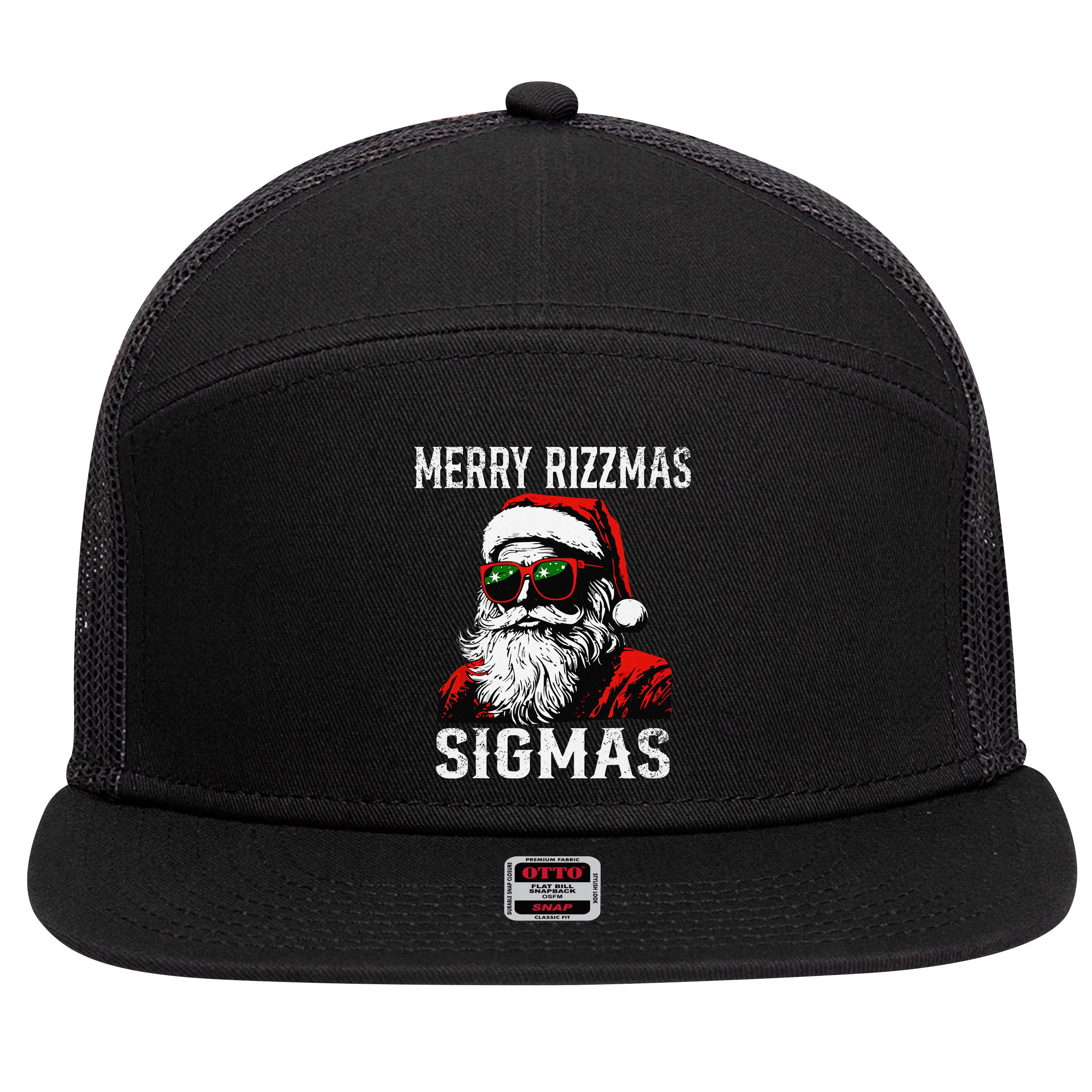 Merry Rizzmas Teens School Retro Christmas Santa Claus 7 Panel Mesh Trucker Snapback Hat