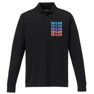 modern repeated text design first name t.aylor Performance Long Sleeve Polo