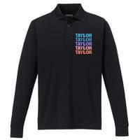 modern repeated text design first name t.aylor Performance Long Sleeve Polo