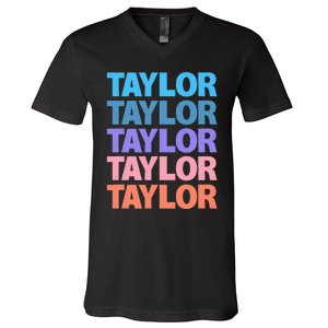 modern repeated text design first name t.aylor V-Neck T-Shirt