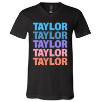 modern repeated text design first name t.aylor V-Neck T-Shirt