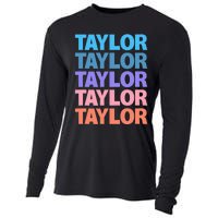 modern repeated text design first name t.aylor Cooling Performance Long Sleeve Crew