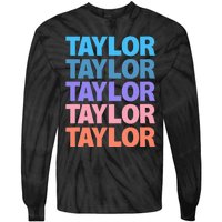 modern repeated text design first name t.aylor Tie-Dye Long Sleeve Shirt