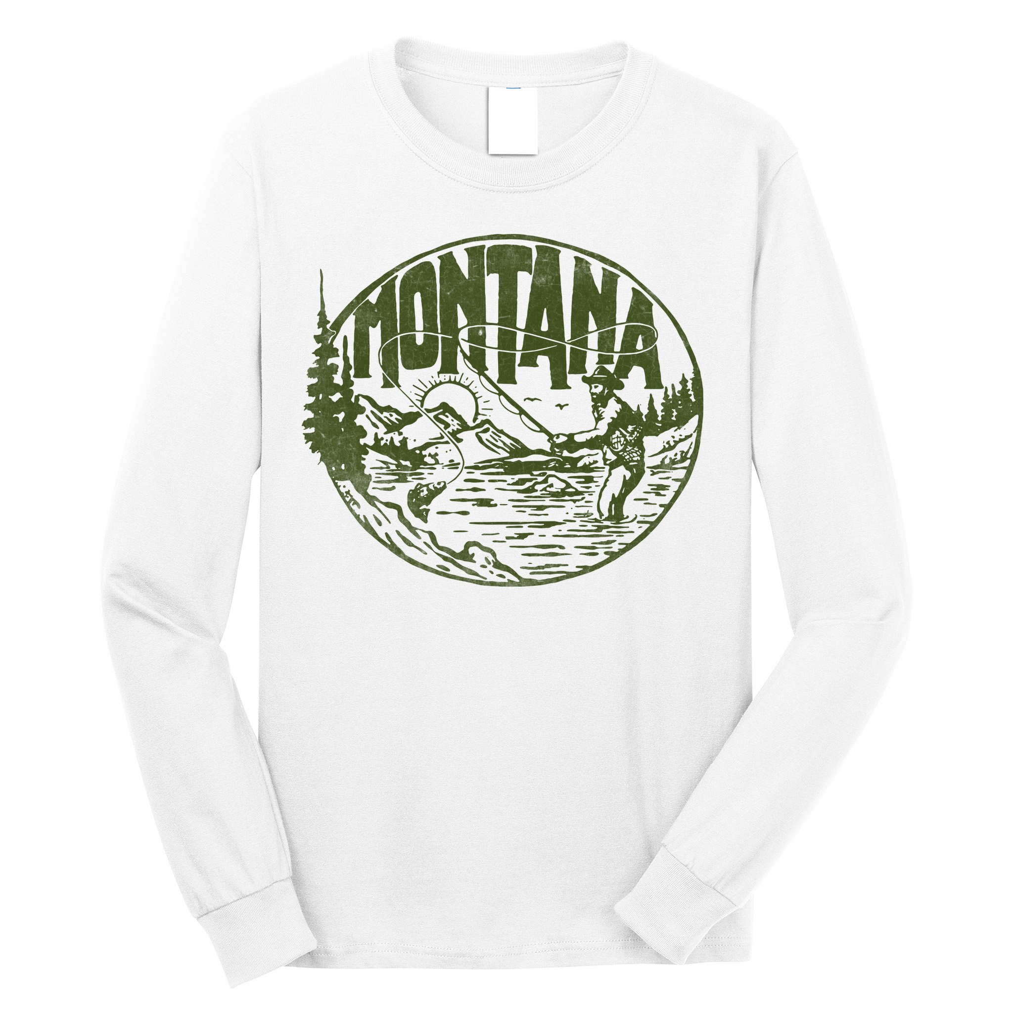 Montana Retro Trout Fishing Vintage Fly Fisherman Sketch Long Sleeve Shirt