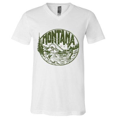 Montana Retro Trout Fishing Vintage Fly Fisherman Sketch V-Neck T-Shirt