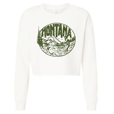 Montana Retro Trout Fishing Vintage Fly Fisherman Sketch Cropped Pullover Crew