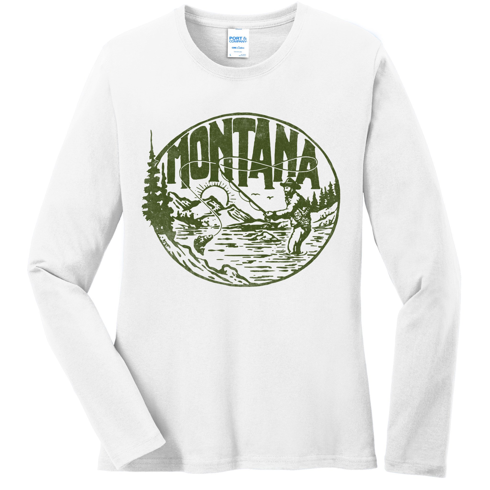Montana Retro Trout Fishing Vintage Fly Fisherman Sketch Ladies Long Sleeve Shirt